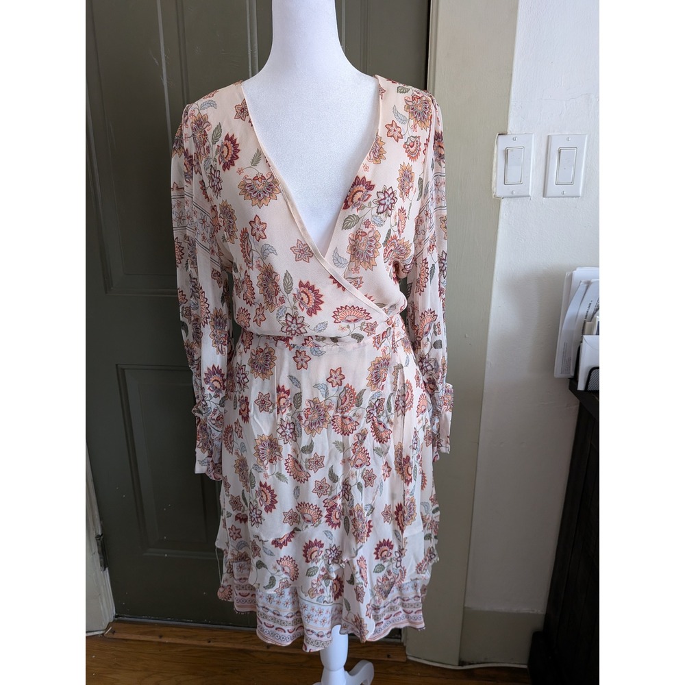 Super Natural Floral Mandala Long Sleeve Mini Wrap Dress Boho Cream‎ Small